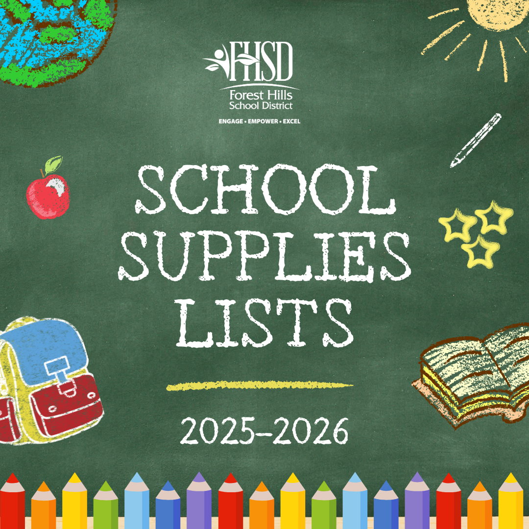 Graphic that says "school supplies lists 2025-2026" with the FHSD logo
